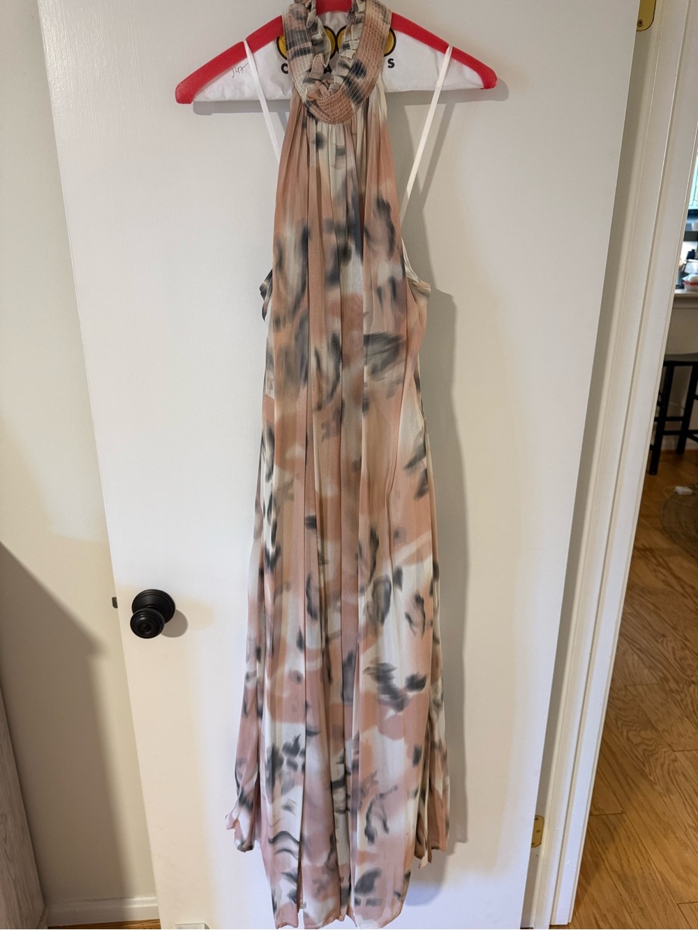 Maeve Blush and Gray Watercolor Halter Maxi Dress